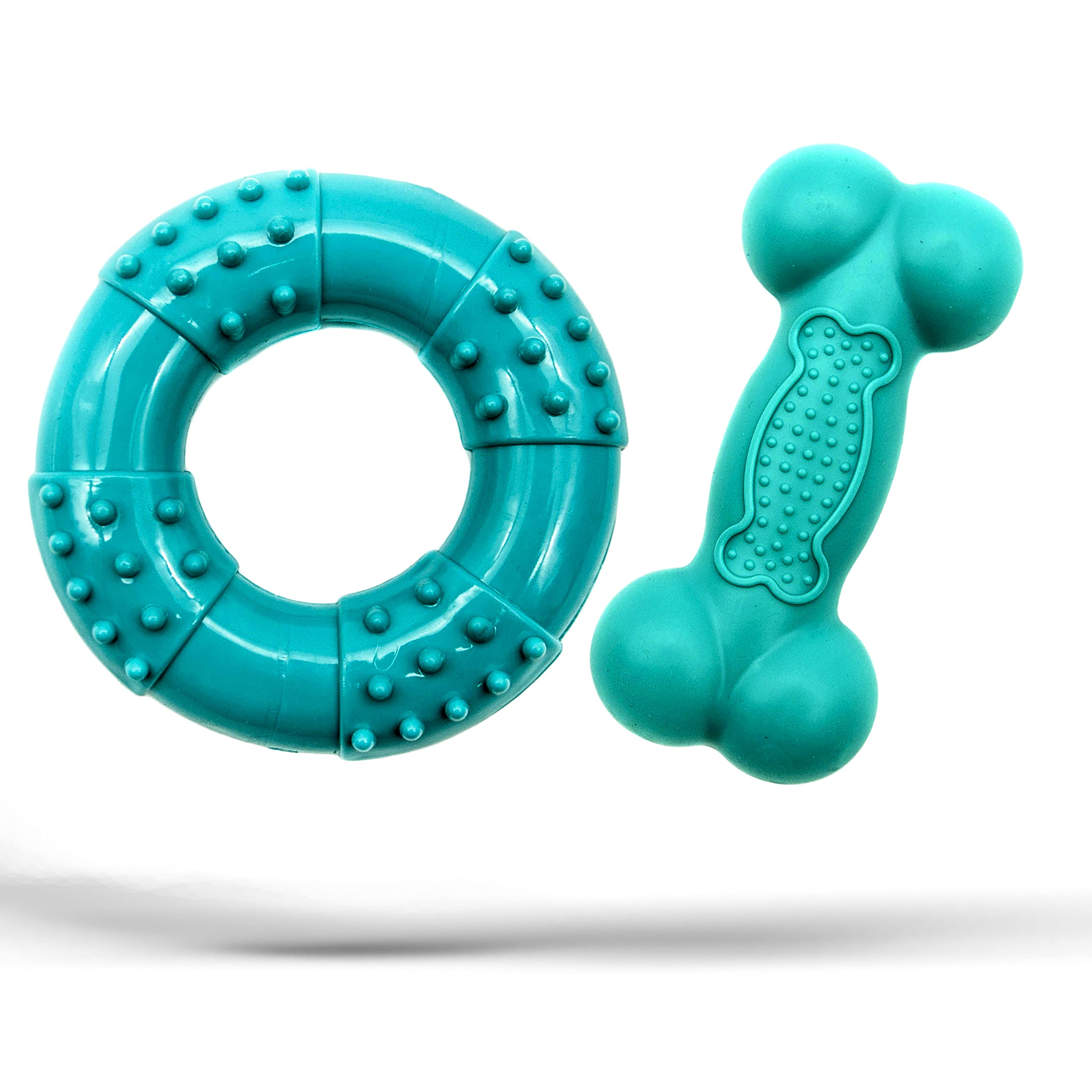 2 x Chew Toys for Dogs, Rubber Dog Chew Bone Ring Dumbbell, Durable Squeaky Dog Bones Pet Chewing Teeth Cleaning Ring Toy, Tug Dog Chews for Teeth (Blue, Bone and Ring)