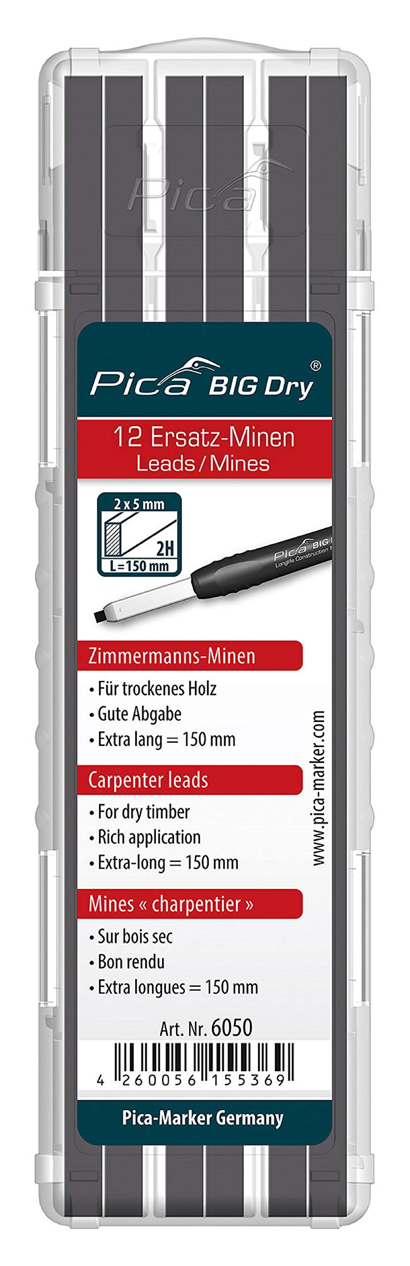 Pica BIG DRY Pen Pack of 12 Pencil Refills Carpenters Graphite 2H 6050