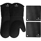 HOMWE Silicone Oven Mitts and Pot Holders, 4-Piece Set, Heavy Duty Cooking Gloves, Kitchen Counter Safe Trivet Mats, Advanced