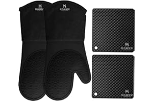 HOMWE Silicone Oven Mitts and Pot Holders, 4-Piece Set, Heavy Duty Cooking Gloves, Kitchen Counter Safe Trivet Mats, Advanced Heat Resistance, Slip-Resistant Textured Grip, Black