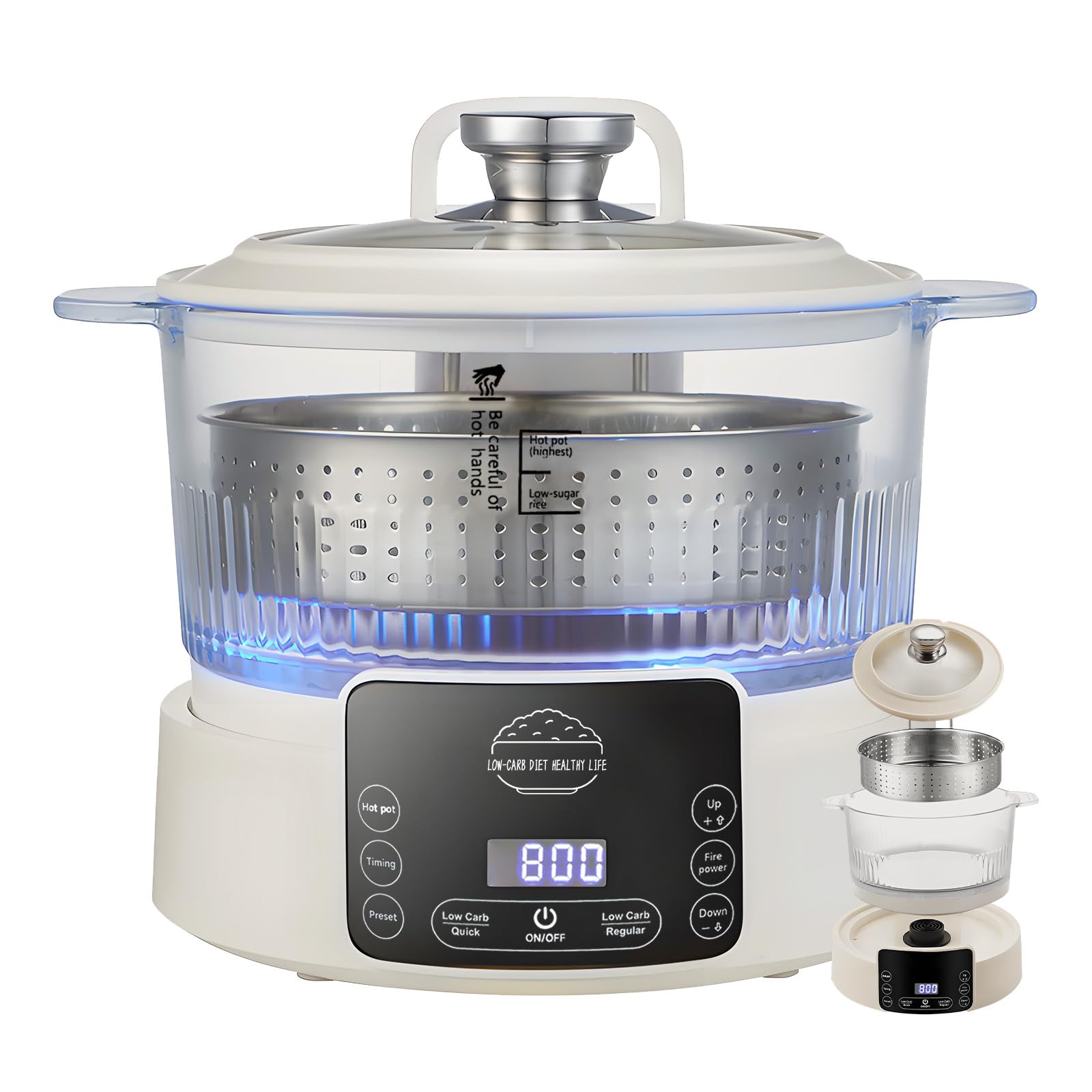 Photo 1 of Low Carb Rice Cooker with Reservable-Timable,Low Sugar Multi Functional 3L &2 Cups for Starch Removing Glass Cooker,110v Maximum Power 800w Multi Functional Maker,Liftable Filter Basket (Beige)