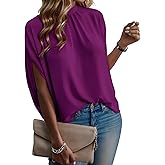 Teepie Short Sleeve Blouses for Women Casual Mock Neck Shirt Elegant Tops Tie Back Mock Neck Summer Tops Purple S