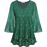 Bebonnie Womens Ruffle 3/4 Sleeve V Neck Double Layers Mesh Blouses Loose Fit Flowy Tunic Tops
