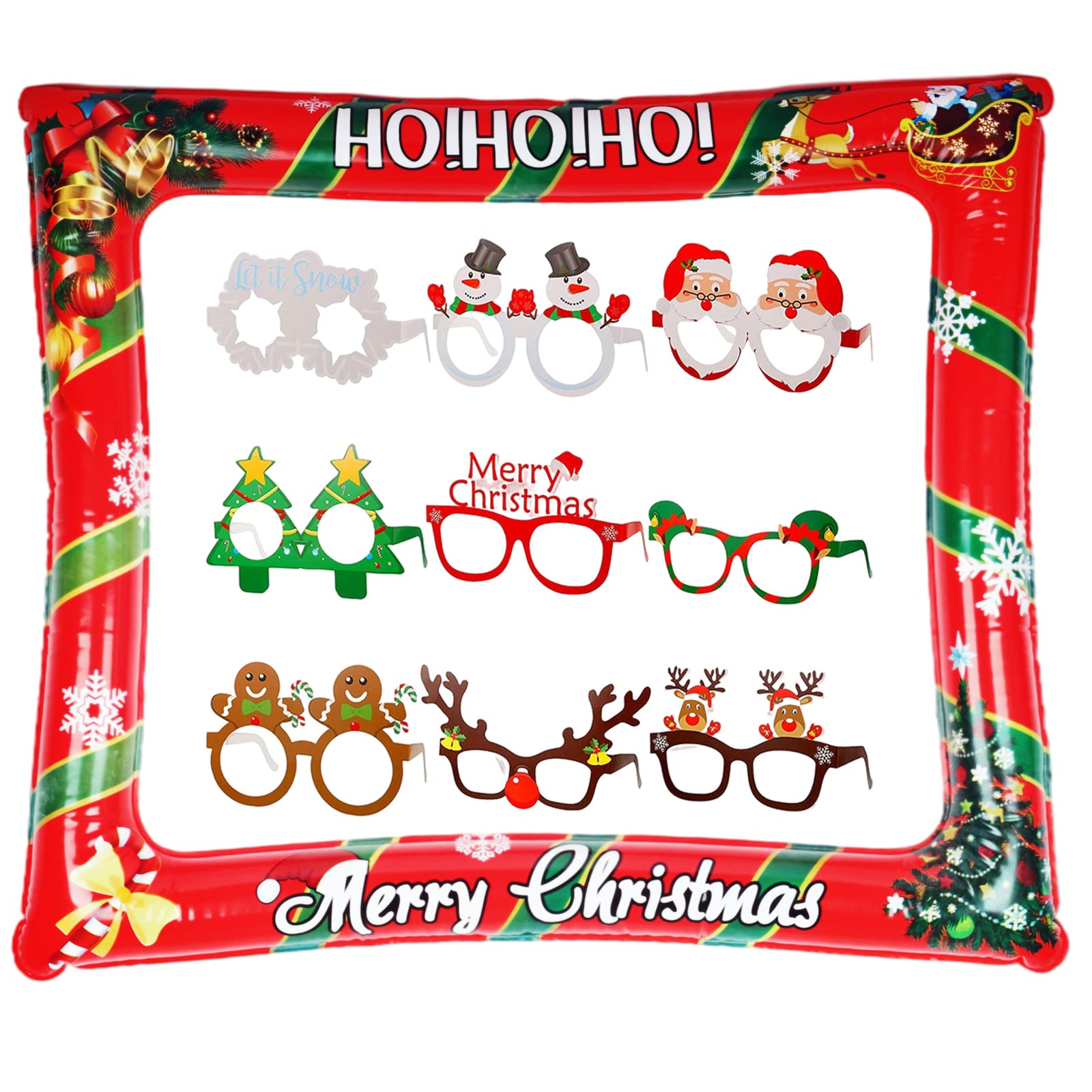 Christmas Party Photo Booth Props Frame, Xmas Photo Booth Frame with 9Pcs Photo Booth Props, Inflatable Selfie Photo Frame for Christmas Decor, Holiday Party, Inflatable Picture Frame Prop