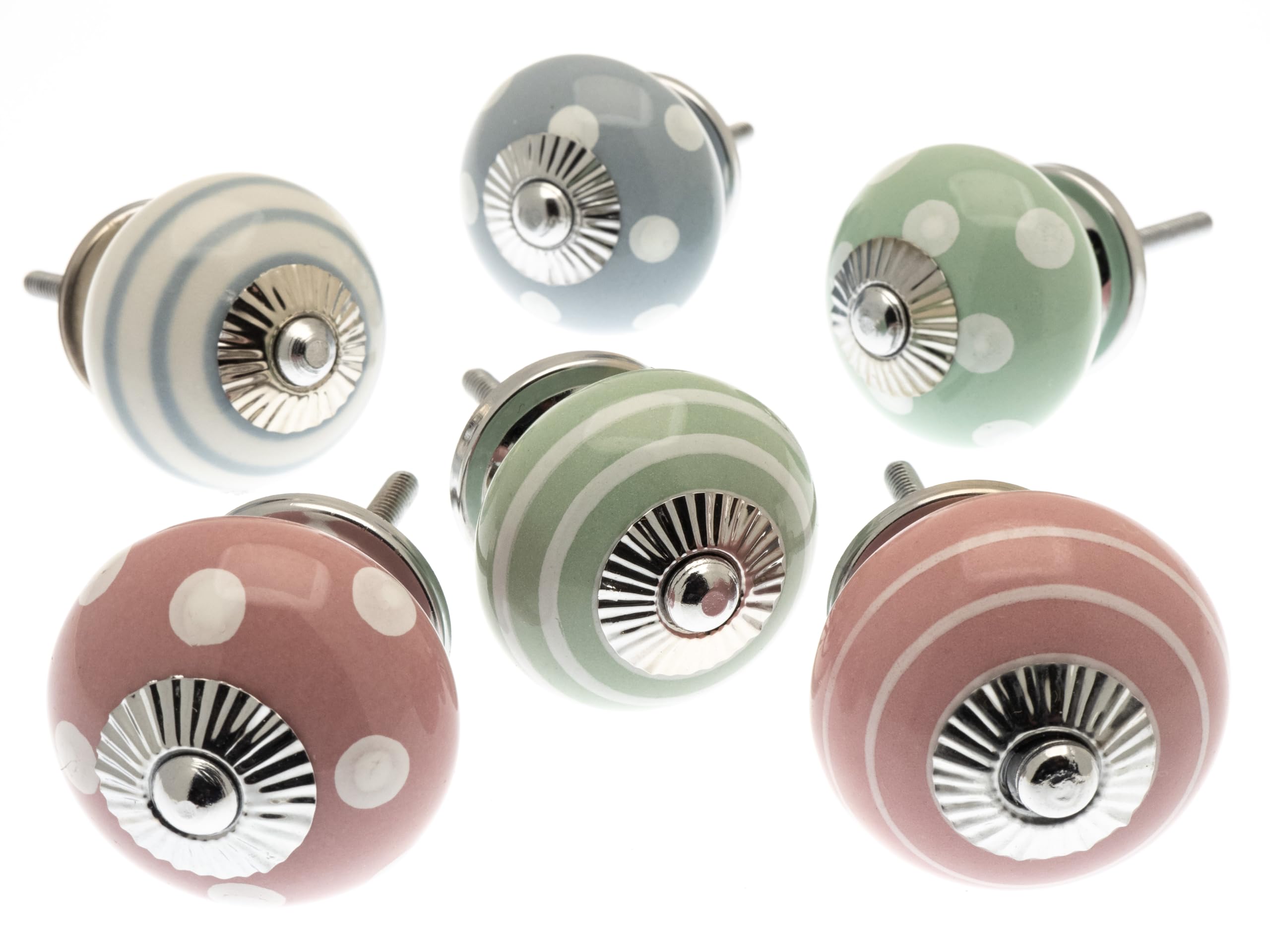 Mango Tree - Ceramic Door Knobs in Pink, Eau de Nil Green & Grey Ceramic Hand Painted Dots and Stripes Set of 6