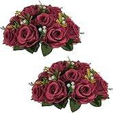 NUPTIO Flower Ball Arrangement Bouquet - 2 Pcs 9.5 inch Diameter Crimson Fake Flowers Roses Balls for Centerpieces Tables - Artificial Rose Arrangements for Wedding Centerpiece Table Decorations