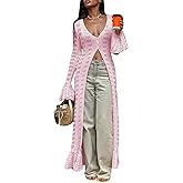 Unybwonn Long Cardigans for Women Crochet Hollow Out Knit Sweater Cover up Maxi Dress Long Sleeve Button Down Cardigan