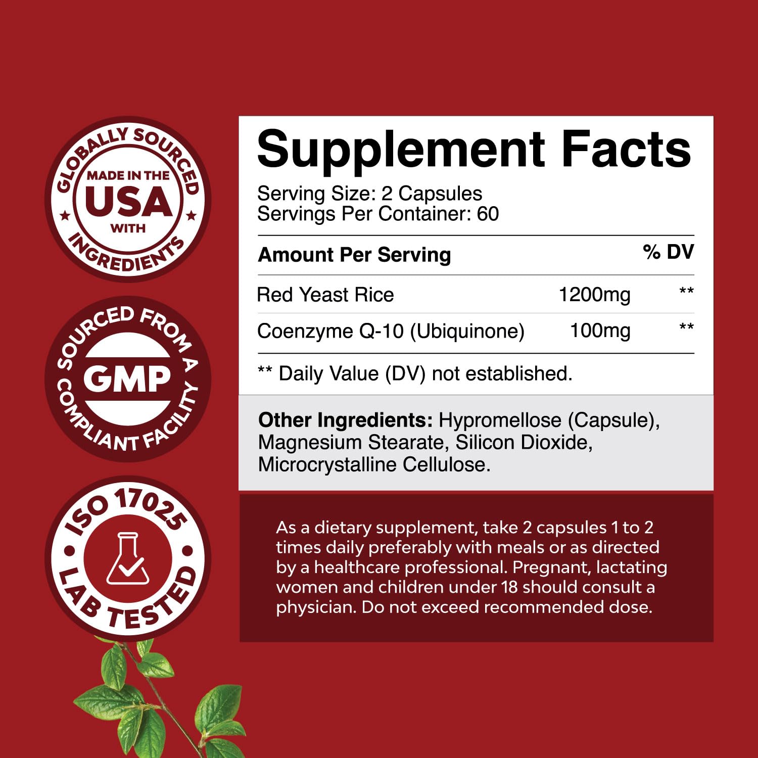 Red Yeast Rice with CoQ10 Supplement - Advanced Healthy Heart & Healthy Cholesterol Levels Formula for Men & Women - Extra Strength Capsule with Red Yeast Rice 1200 mg Capsules with CoQ10-120 Count