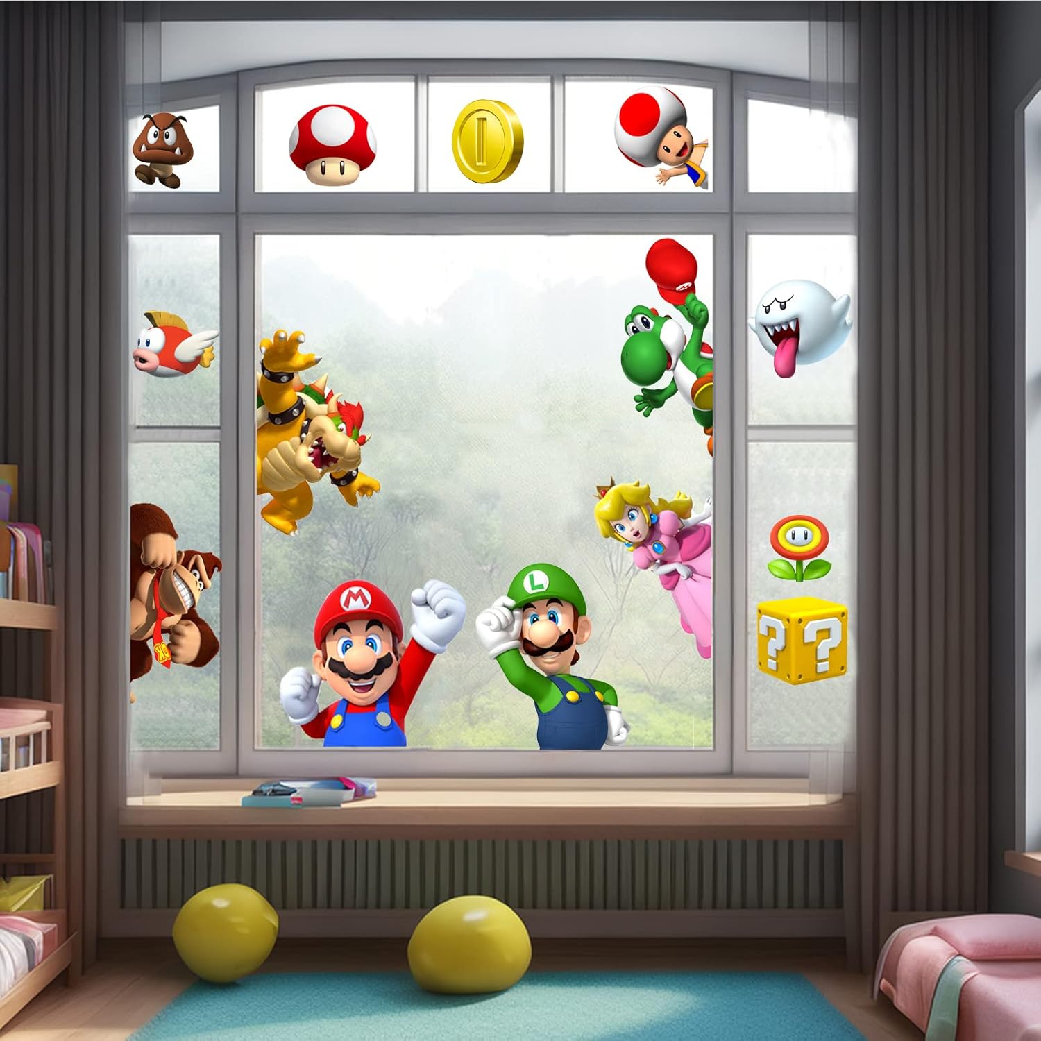 Window Treatments - Cartoon Window Clings Decals,Party Removable Stickers for Glass Windows,Birthday Party Supplies Holiday Home Decorations (S Mario(9sheets))