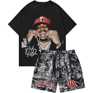 VIPWOLF Men's 2 Piece Short Set Graphic Tee Y2k and Drawstring Shorts | Tracksuit, Y2k Streewear, Casual Outfits, 2 Piece Clo