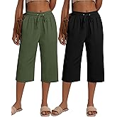 Neer 2 Pack Women's Linen Capri Pants Basics Wide Leg Casual Loose Drawstring Elasticated Beach Capris Pant with Pocket