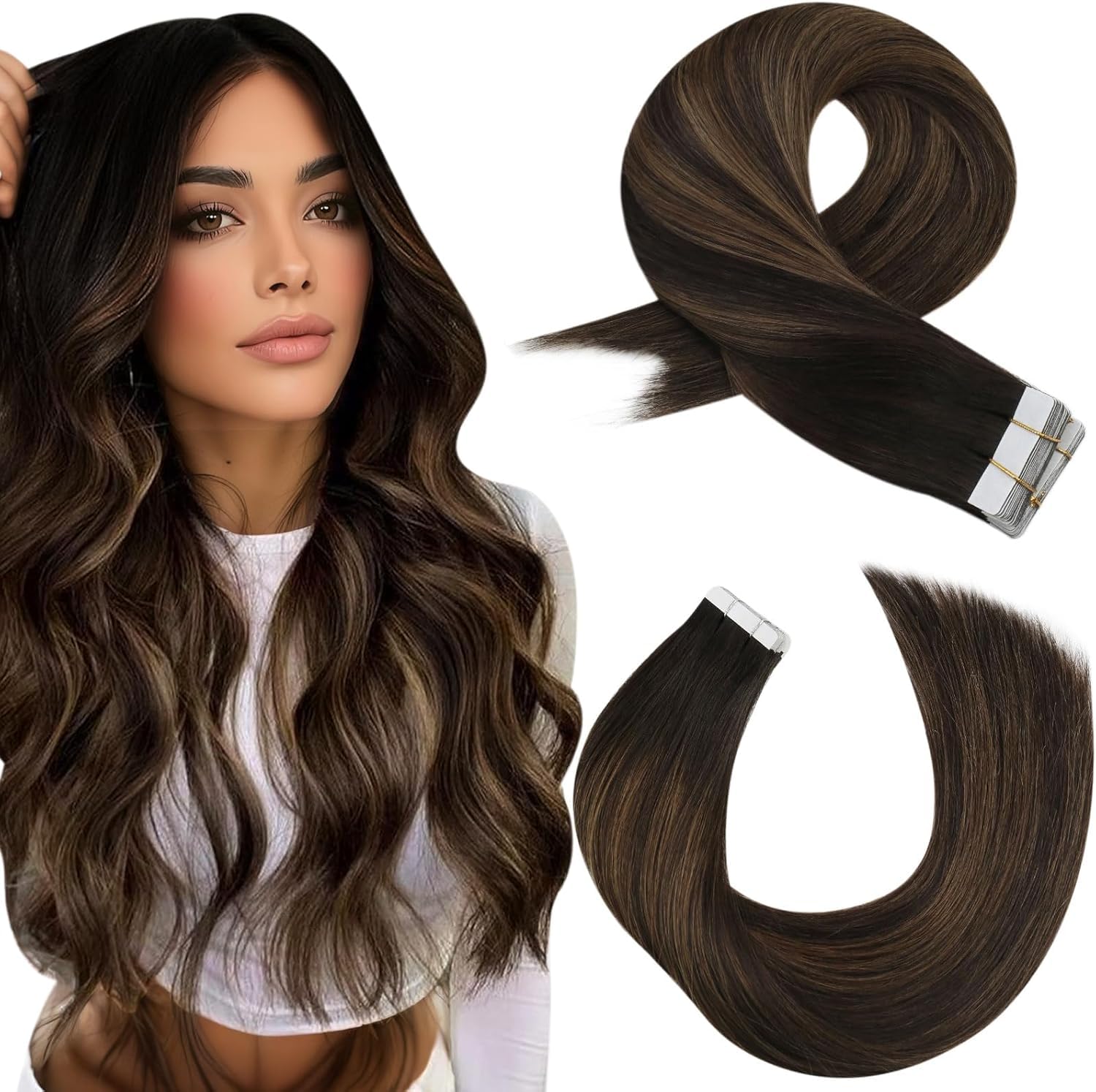 Moresoo Human Hair Tape in Extensions Balayage Brown Tape in Hair Extensions Darkest Brown with Chestnut Brown Tape in Human Hair Extensions 24 Inch 20 Pieces/50g #2/6/2 โ image 1