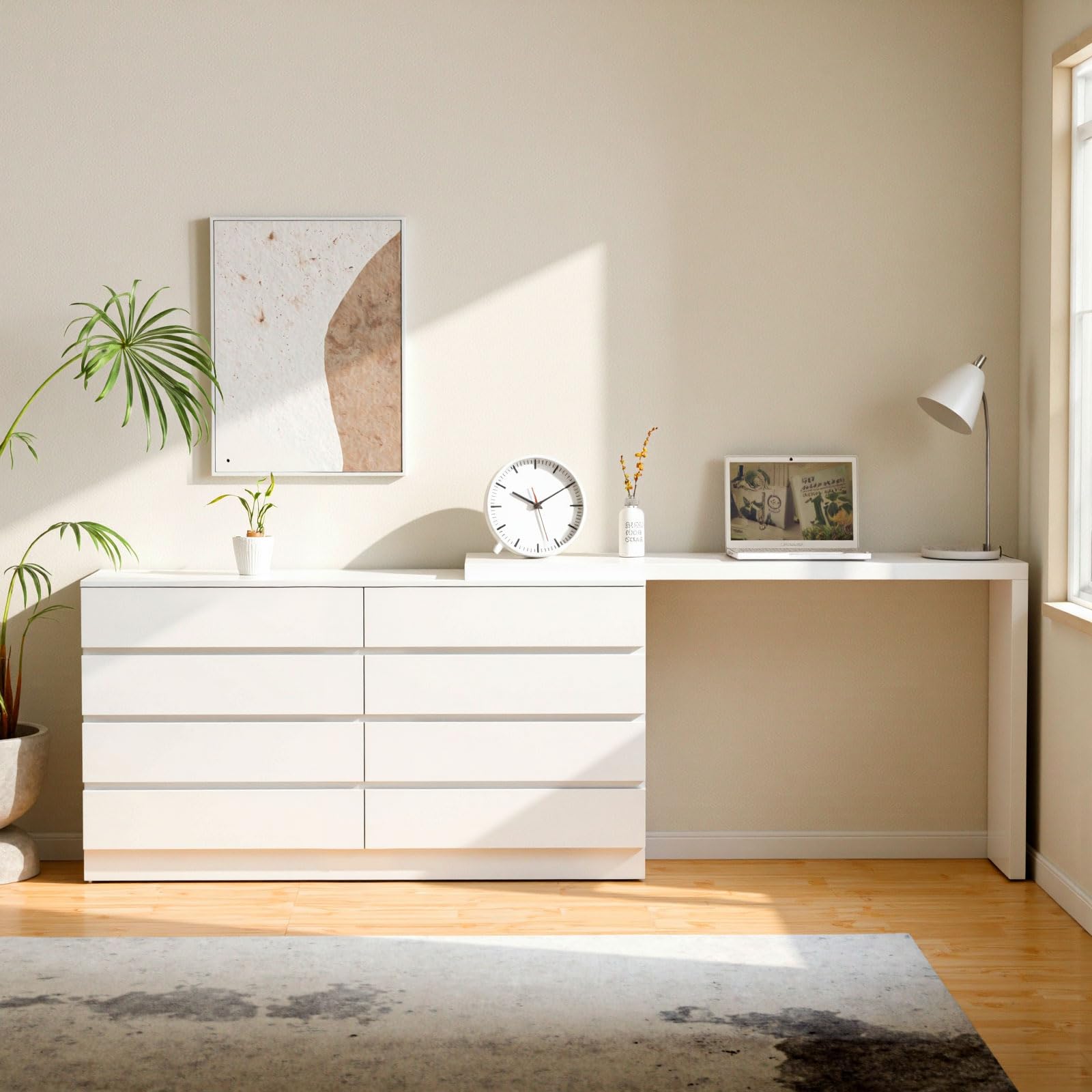 Photo 1 of **MINOR BEND DAMAGE ON SMALL PIECE.  Drawer Vanity Dresser Combo with Extendable Table & L-Shaped Desk, White MDF Large Dresser for Bedroom, Adjustable Makeup Dressing Table with Wide Storage, Desk and Vanity Combo for Small Spaces