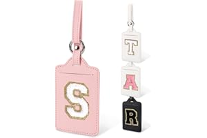 IQIMOTT Personalized Initial Luggage Tags for Suitcases, Cute PU Leather Travel Letter Luggage Tags,Suitcase Identifier Name Baggage Tag,Bag Tags for Men Women Kids Luggage Handbags Schoolbags(Pink-White S)