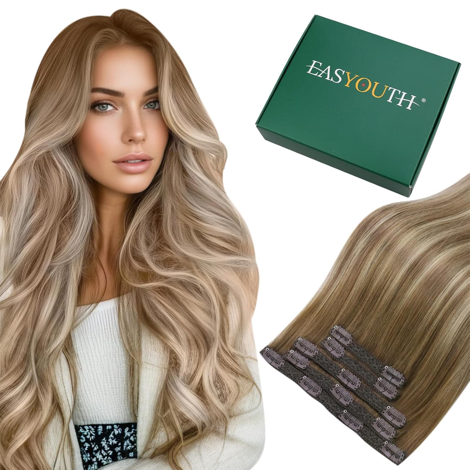 Easyouth Clip in Human Hair Extensions Ombre Blonde Real Human Hair Clips in Extension Balayage Brown to Caramel Blonde with Brown Remy Hair Extensions Clip ins Natural 16Inch 5Pcs 70g #3/8/22