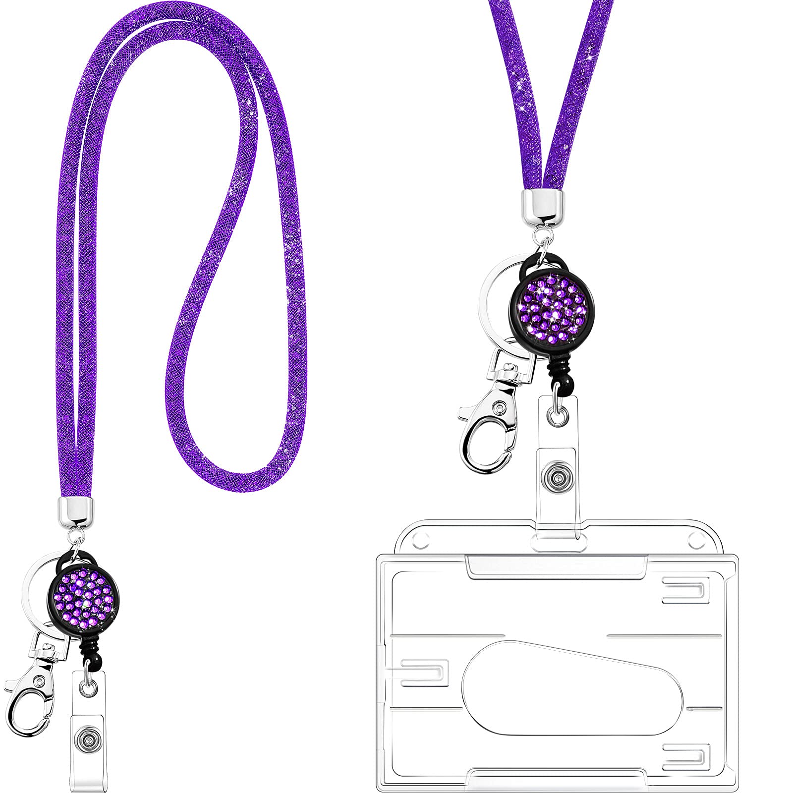 Frienda Badge Holder, Card Holder with Lanyard, Crystal Lanyard Necklace with Transparent ID Card Holder Keyring, Bling Rhinestone Clear Badge Holders Neck Strap for Keys ID Badge (Purple)