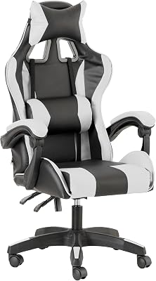 Gaming-Stuhl, ergonomischer Bürostuhl, gepolstert Gaming Sessel mit bequemer, Verstellbarer Rückenlehne, Gamer Chair mit Kopfstütze und Lendenwirbelstütze, Weiß