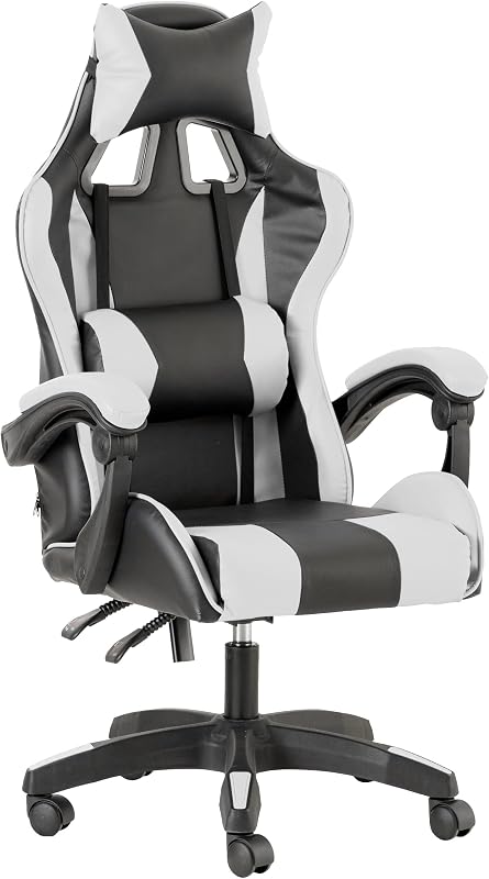 Gaming-Stuhl, ergonomischer Bürostuhl, gepolstert Gaming Sessel mit bequemer, Verstellbarer Rückenlehne, Gamer Chair mit Kopfstütze und Lendenwirbelstütze, Weiß