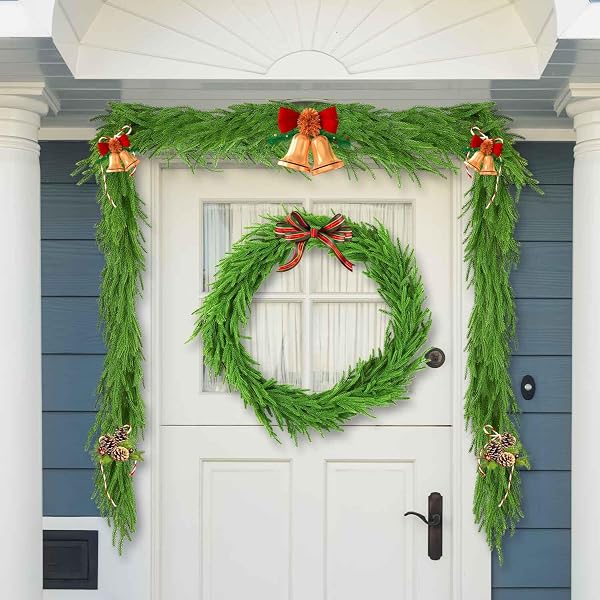 HORYNAR 2 PCS CHRISTMAS GARLANDS, 12 FT (2 * 6FT) ARTIFICIAL LIFELIKE PINE GARLAND, BANNER INCLUDED,GREENERY GARLAND FOR MANTLE,TABLE,STAIRS,WALL,INDOOR, CHRISTMAS DECORATIONS OUTDOOR (2, 6 FT)