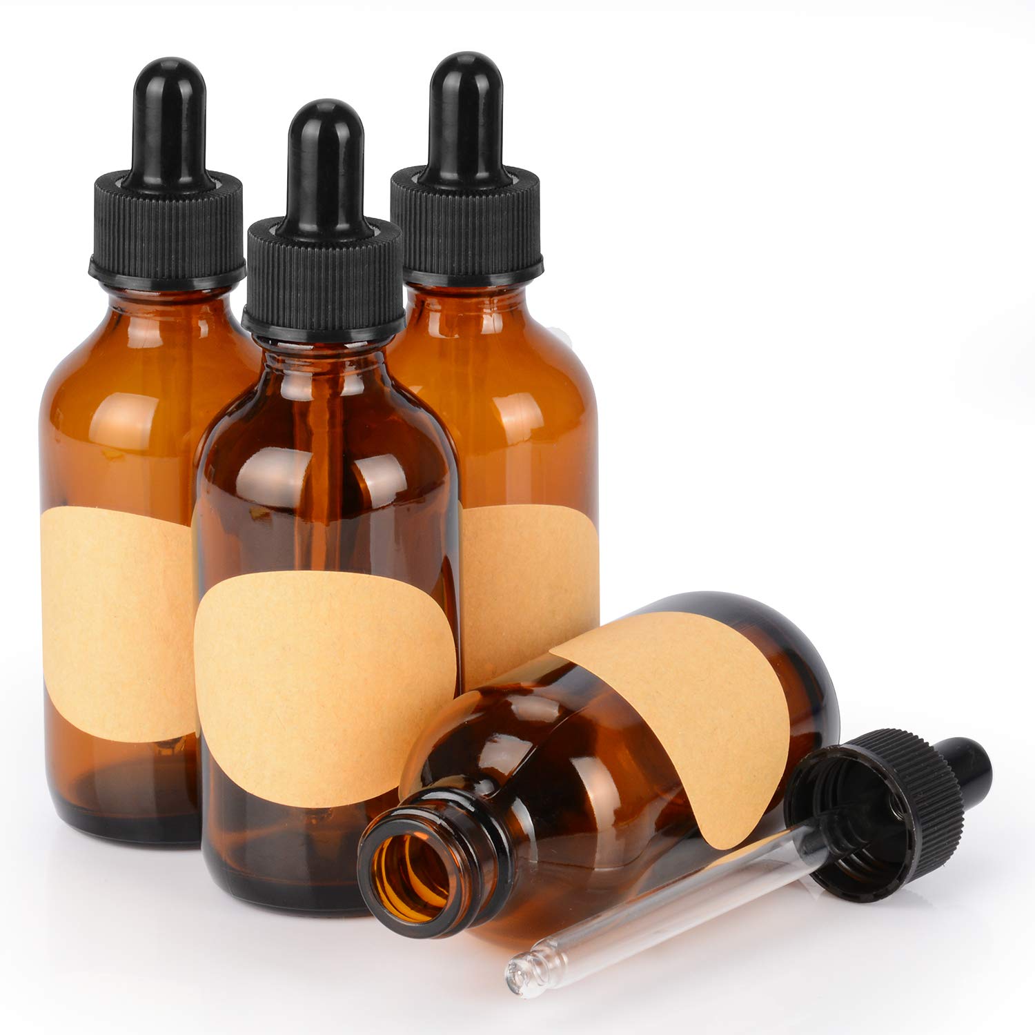 stonylab 4-Pack Glass Dropper Bottle, Empty Bottle with Glass Dropper, Inner Plug and Label for Laboratory Solutions (60 ml, Brown)