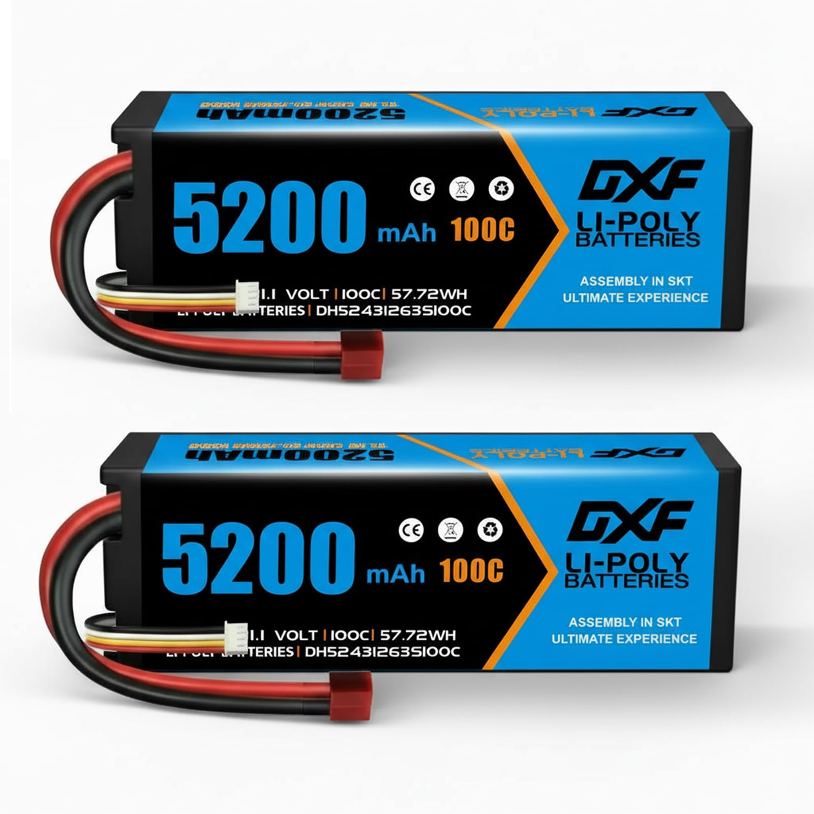 DXF 3S LiPo 11.1V 5200mAh 100C Hard Case RC Battery 2 Pack with T Deans Plug for 1/8 1/10 Scale Car Truck Buggy Boat Plane Helicopter Drone Racing Crawler Universal Compatible Rechargeable
