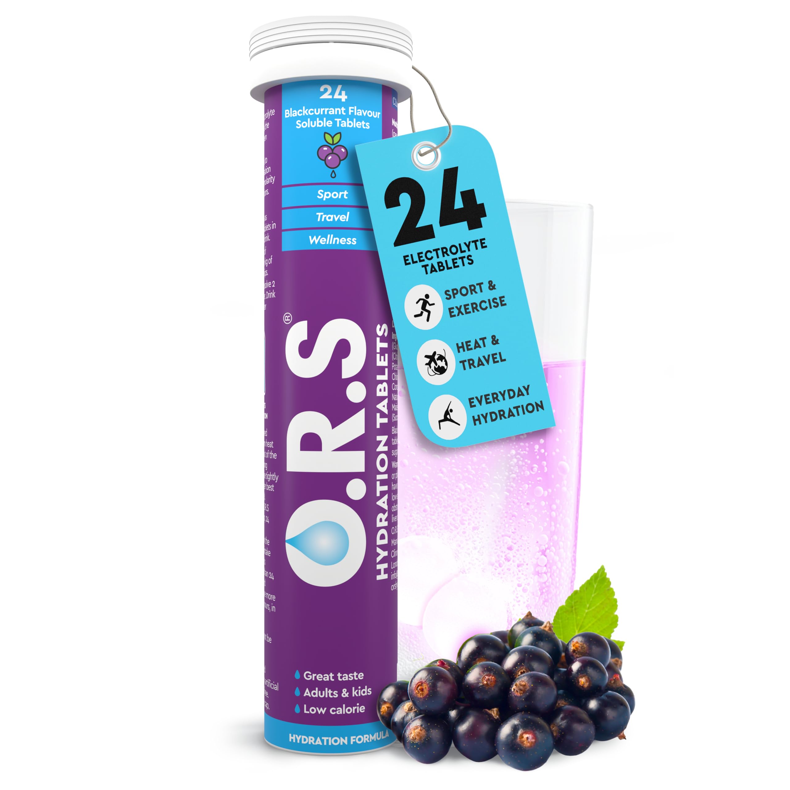 O.R.S Electrolytes Tablets for Reducing Dehydration | Oral Hydration Salts Tablet for Travel, Sports, Fasting & Recovery | Vegan, Gluten-Free & Low-Calorie Electrolyte Replacement Drink, Blackcurrant