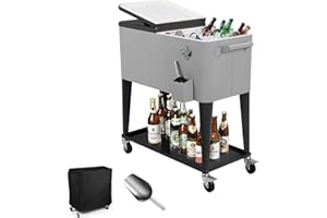 ONUUNPY 80 Quart Rolling Ice Chest Cooler Cart with Wheels,Portable Bar Beverage Cooler with Waterproof Cover and Bottle Opener,Drink Cooler for Patio Party, BBQ, Camping-Misty Morning（Grey）