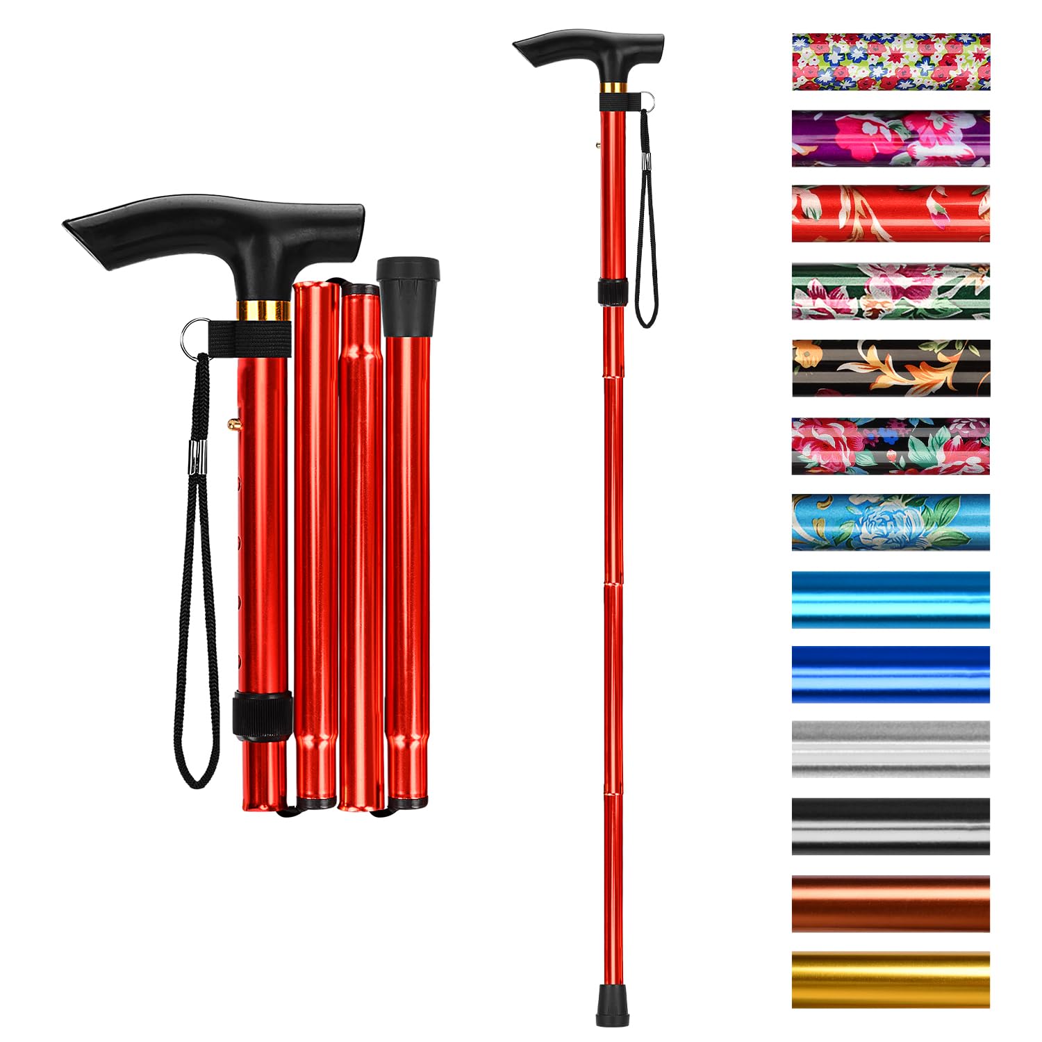 supregear Walking Stick - Adjustable Folding Walking Sticks for Women and Men - Lightweight Portable Collapsible Balancing Aid - Foldable Travel Cane for Ladies Elderly Adults, Red