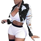 Voghtic Women Sexy Ripped Denim Jackets Lapel Button Down Short Crop Top Jeans Coat