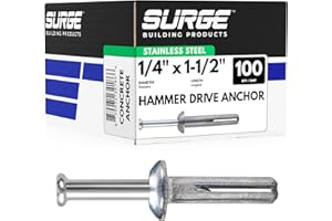 SURGE BUILDING PRODUCTS 1/4" X 1-1/2" Stainless Hammer Drive Nail in Concrete Anchor with 304 Stainless Steel Nail | Mushroom Head Anchor for Concrete, Block, and Brick (100/BOX)