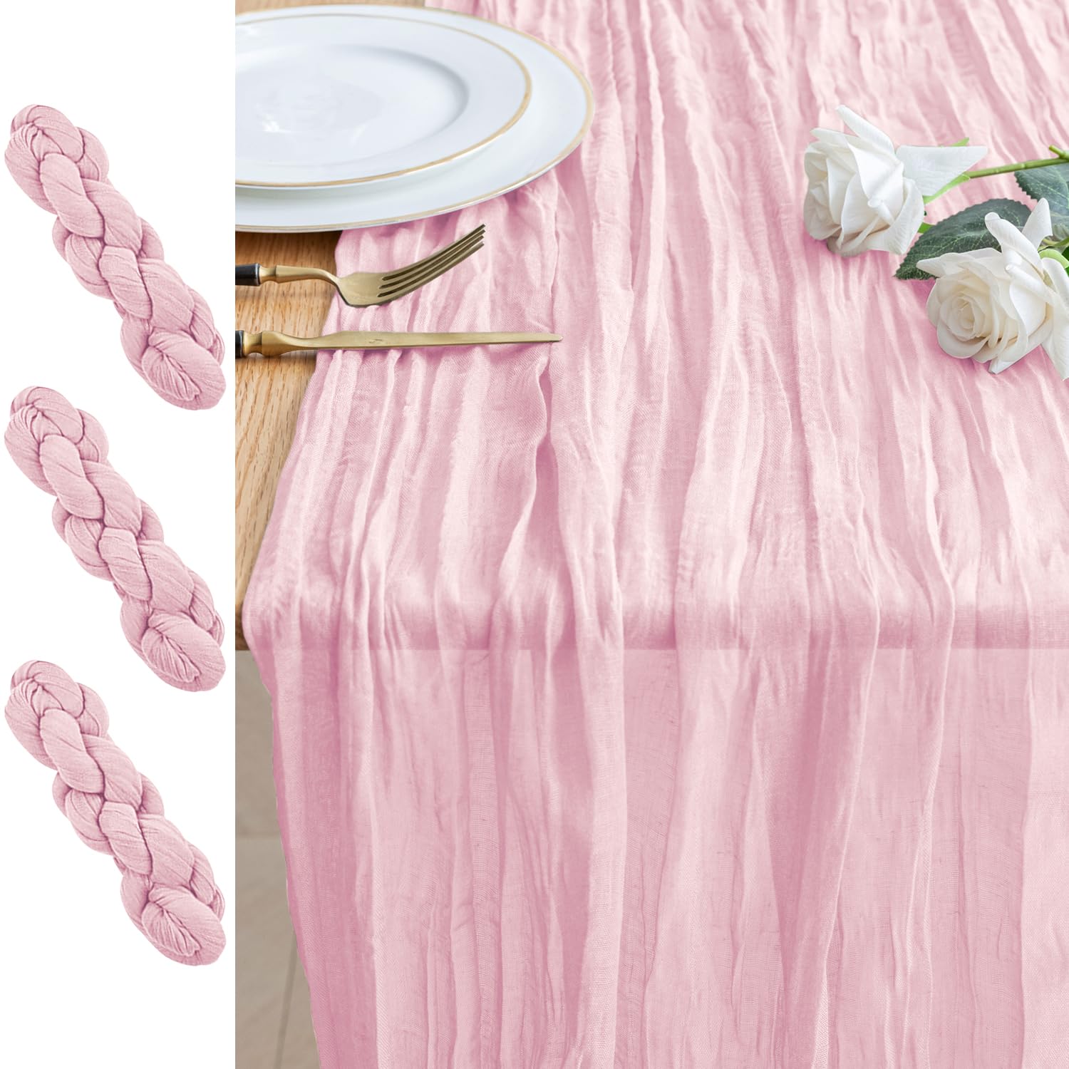 Photo 1 of Xiomot 3PCS Table Runner Cheesecloth 10FT Blushing Pink Boho Gauze Cheese Cloth Rustic Sheer Table Runners for Summer Wedding Bridal Baby Shower Party Decoration