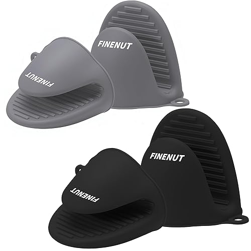 FINENUT Mini Silicone Oven Mitts 4PCS(2 Pairs) Non-Toxic Heatproof Cooking Gloves for Grill/Pizza Stone/Air Fryer,Lightweight Non-Slip Compact for Camping/Baking,Dishwasher Safe(Black and Gray)
