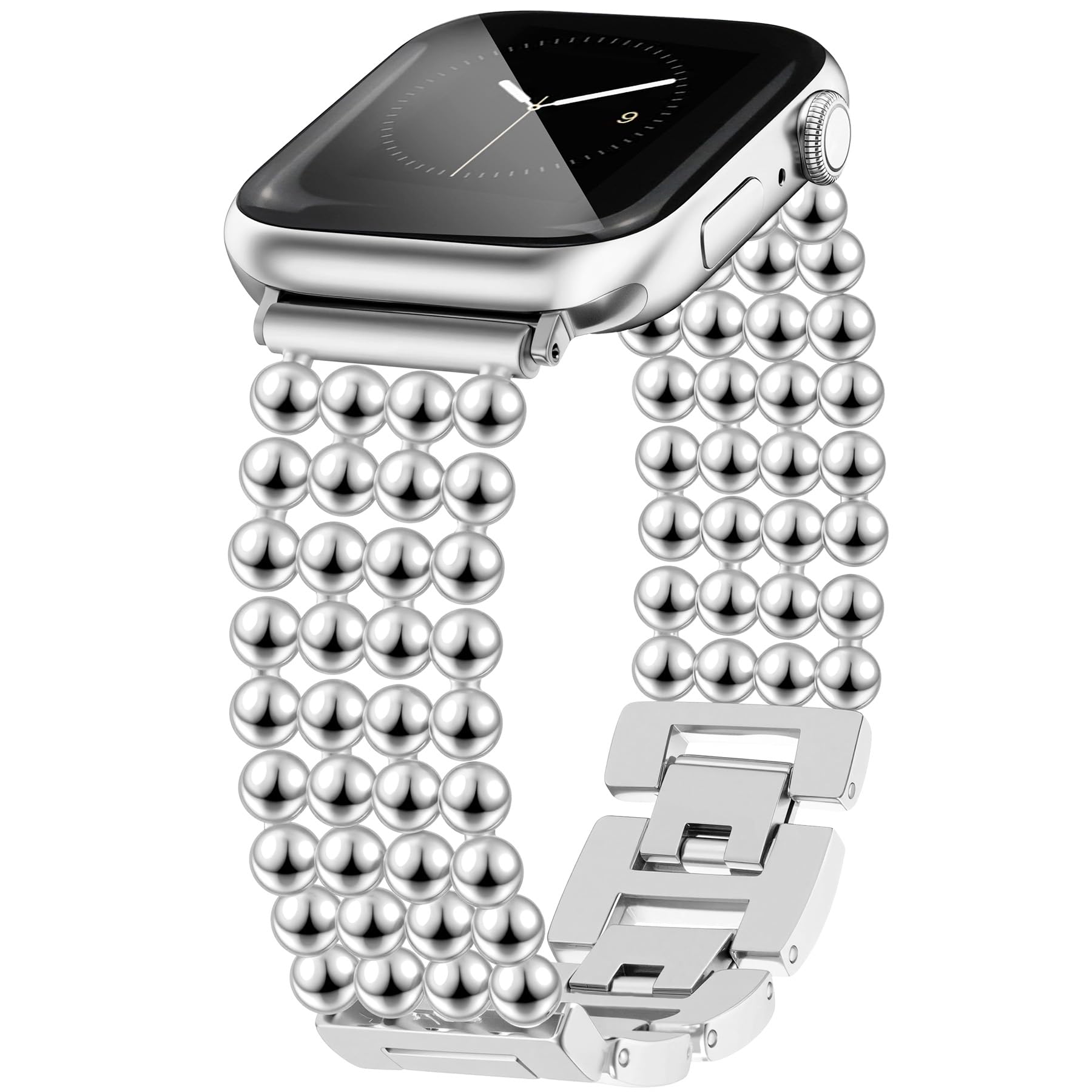 JR.DM Beaded Bracelet Silver Band Women Compatible with Apple Watch 38mm 40mm 41mm 42mm(S11/10),Adjustable Metal Replacement Strap,Fashion Dressy Wristband for Iwatch SE Series 11/10/9/8/7/6/5/4/3/2/1