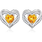 Iefil Birthstone Earrings for Women - 925 Sterling Silver Heart Stud Earrings Birthday Gifts for Women