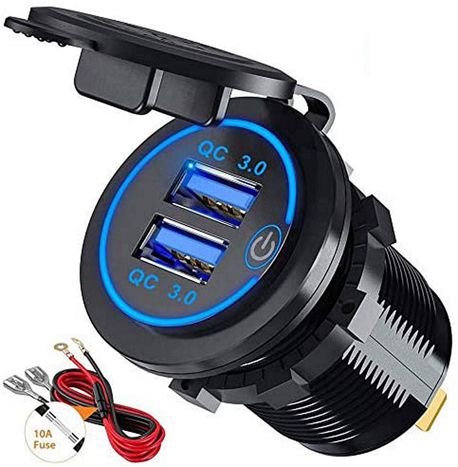 Thlevel Dual QC3.0 USB Car Charger Socket Power Outlet with Switch for 12V/24V Boats Marine Motorcycle Truck