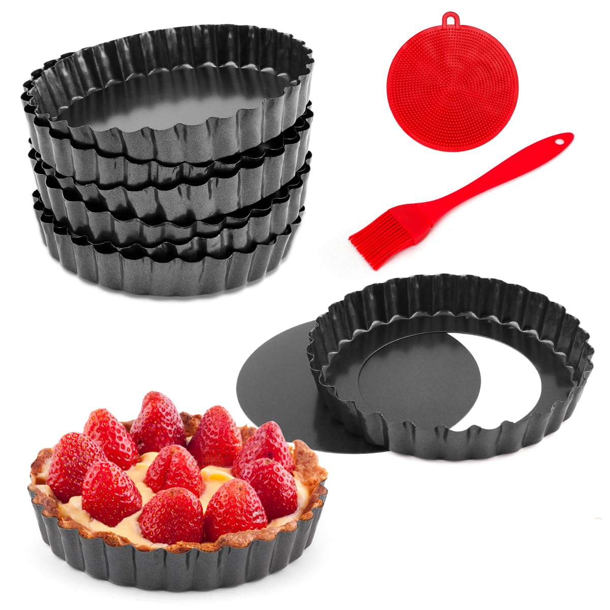 Gutsdoor Quiche Tins with Loose Base, 5inch/12cm Mini Tart Tins for Baking, Pie Dish,Non Stick Tart Mould Round Cheesecake Pans Set of 8