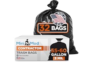 MINI N MOD Contractor Garbage Bags 55 Gallon | 32 Count | 3 Mil Construction Bags Heavy Duty with Ties | 55-60 Gallon Trash Bag Heavy Duty for Contractors