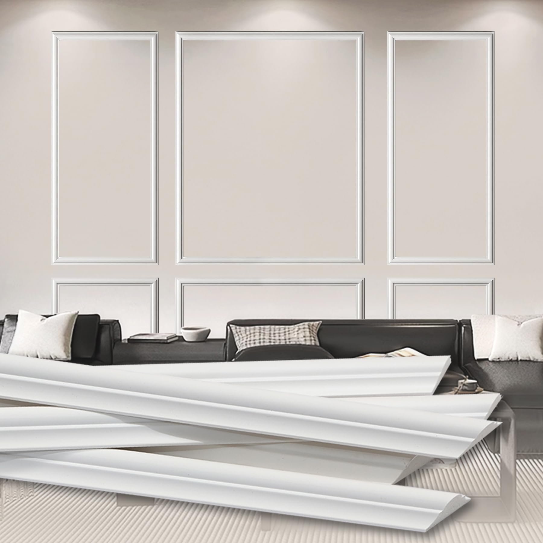 Photo 1 of QDYMXUN Premade Wainscoting Wall Molding Kit, 6-Frames Assembly Pre-Cut Accent Moulding Paneling for Living Room Bedroom Décor (24pcs, Each 2.16''W)