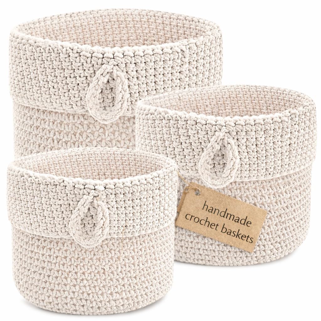 Round Storage Baskets, Set of 3, Cream, Fabric Basket Organisers, Woven Knitted, Baskets, Beige, Woven Storage Rope Basket