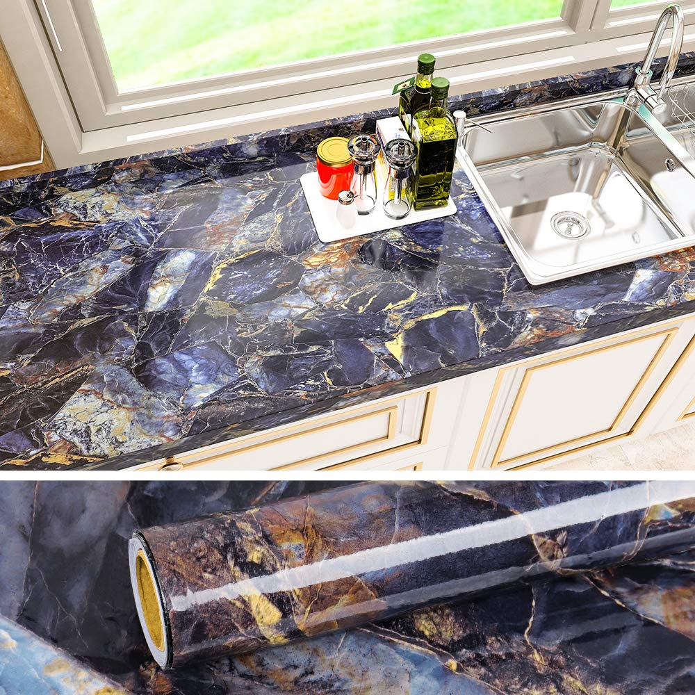 VEELIKE Marble Contact Paper Wallpaper Self Adhesive Vinyl Wrap Dark Blue Sticky Back Plastic Roll Washable Kitchen Wallpapers Living Room Wallpaper for Furniture Cupboard Wall 40cm x 900cm