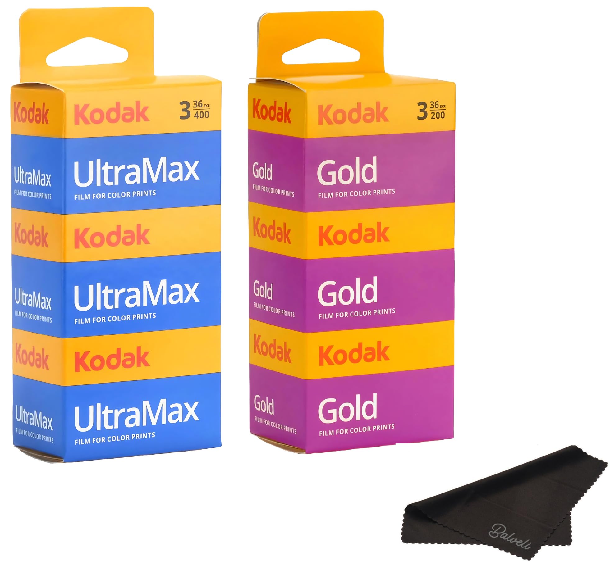 Kodak Ultramax 400 35mm Film 3 Pack & Kodak Gold 200 35mm Film 3 Pack Bundle (6 Total Rolls) 36exp for 35mm Film Camera 35mm - Kodak Film- Balveli Microfiber Cloth - 35 mm Film roll- Camera Film-