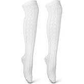 Skrfren Women Cable Knit Thigh High Socks, Cable Knit Over the Knee Boot Socks Knee High Boot Stockings Leg Warmers, Extra Long Winter Stockings Knitted Thick Thigh, white