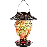 LUJII Solar Hummingbird Feeder for Outdoors Hanging with Color Changing, Hand Blown Glass, 35 fl.oz, Never Leak, Lighted Lantern for Garden Decoration, Unique Gift for Bird Lovers, Red