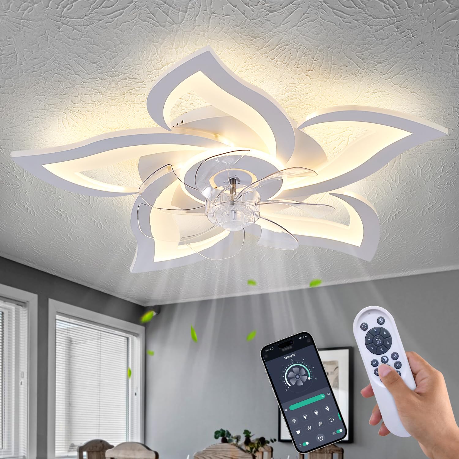 Photo 1 of Ruibutrade White Flower Modern CeilingFans with Lights, Low Profile Ceiling Fan with Remote for Bedroom, Flush Mount Ceiling Fan with LED Dimmable Light,3-Colors, 6-Speeds, Timing CeilingFan Light