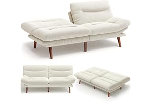 AMADA HOMEFURNISHING AMADA 66"Convertible Futon Sofa Bed, Corduroy Folding Futon Set with Adjustable Backrest &Armrests, Recliner Lounge for Living Room, Apartment or Office, Solid Wood Frame, Loveseat Sofa - Beige White