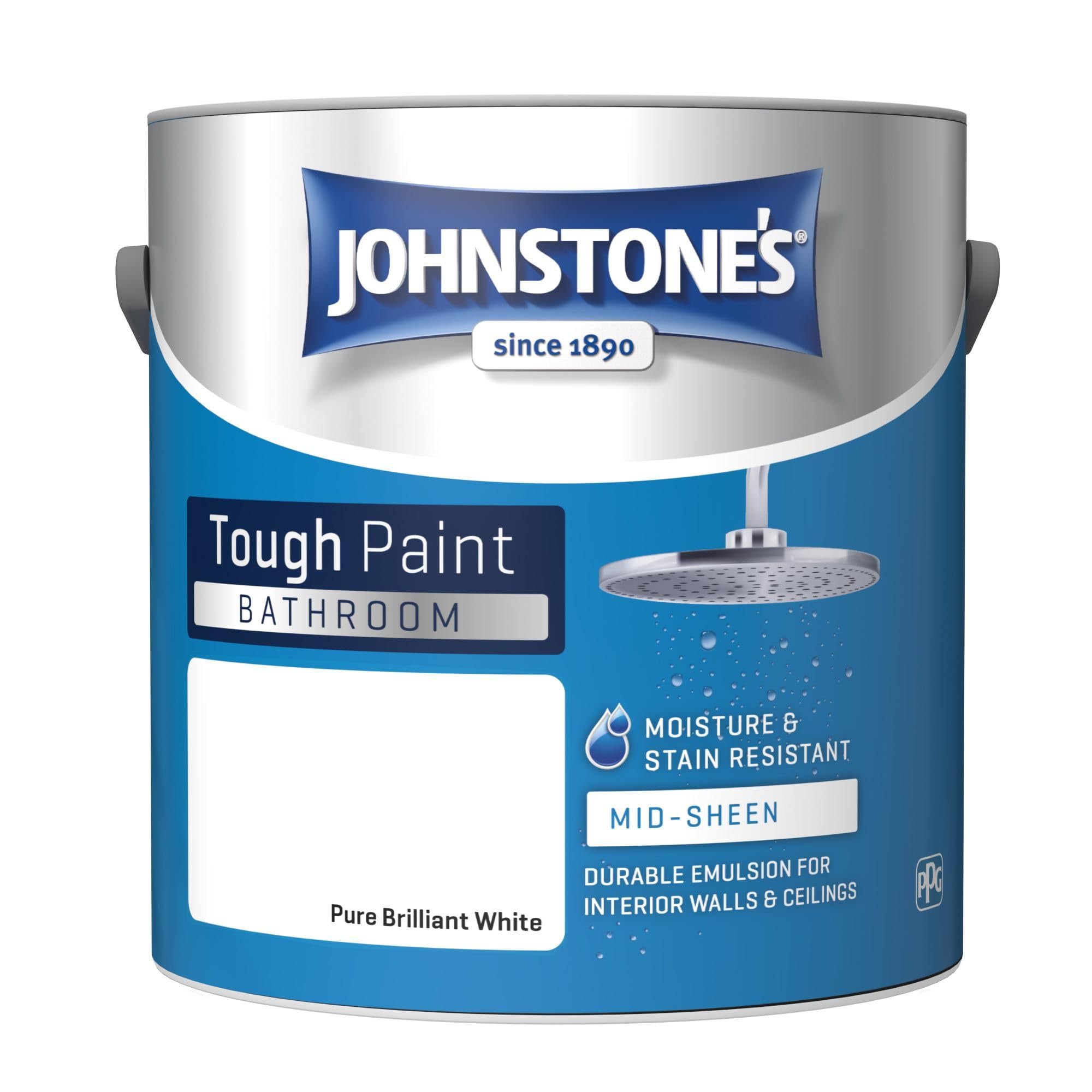 Johnstone's - Bathroom Paint - Brilliant White - Mid Sheen Finish - Stain Blocker Paint - Use in Moist & Damp Areas - Low Odour - Dry in 1-2 Hours - 12m2 Coverage per Litre - 2.5L