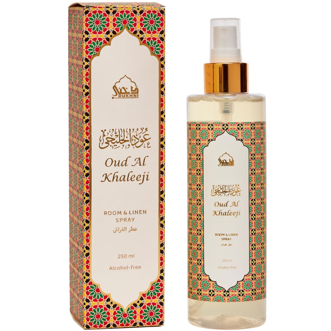 Oud Al Khaleeji Attar Al Faraash by Dukhni | 250ml Non Alcoholic Spray | Arabic Natural Mist | Air Freshener, Room Mist, Fabric & Linen Spray | Perfect for Prayer mats, beds, sofas, curtains | Halal
