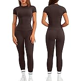 Relety Womens Two Piece Workout Sets Slim Fit Short Sleeve Shirt High Waist Leggings Yoga Outfits Matching Gym Set