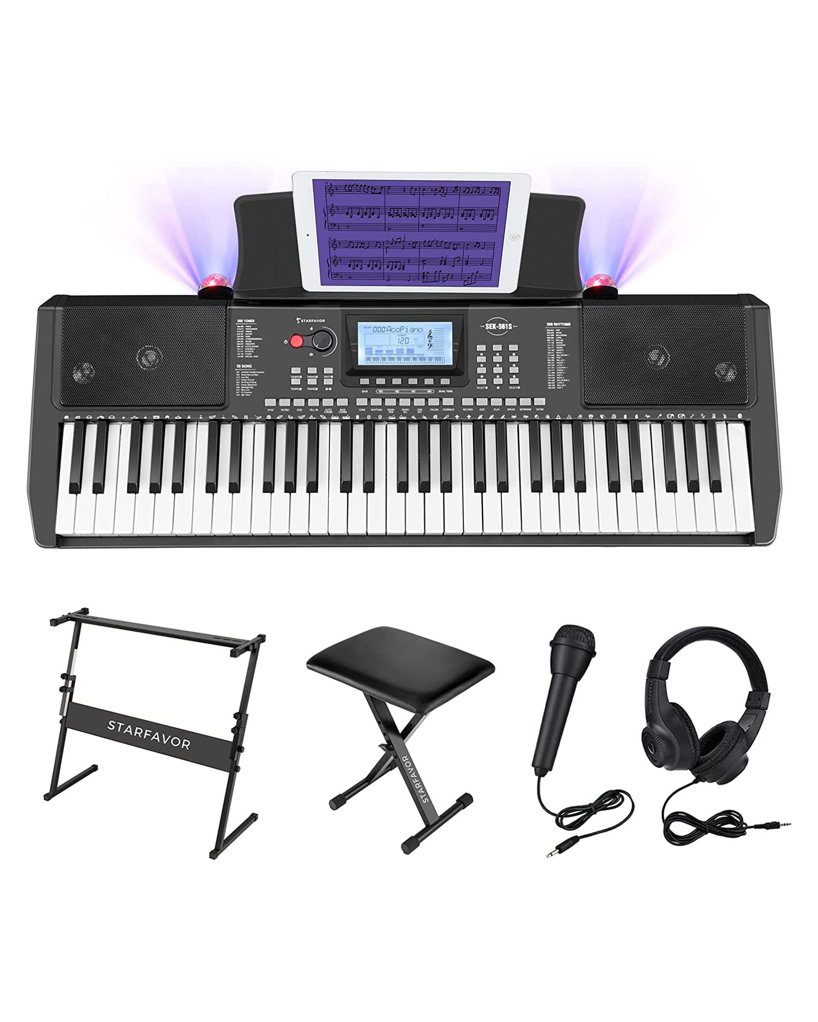 Starfavor 61 Key Electronic Keyboard Piano with LCD Display, Portable Electric Music Piano for Beginners Professions, include Z-style Stand, Bench, Microphone, Headphone, Keynote Stickers (SEK-561)