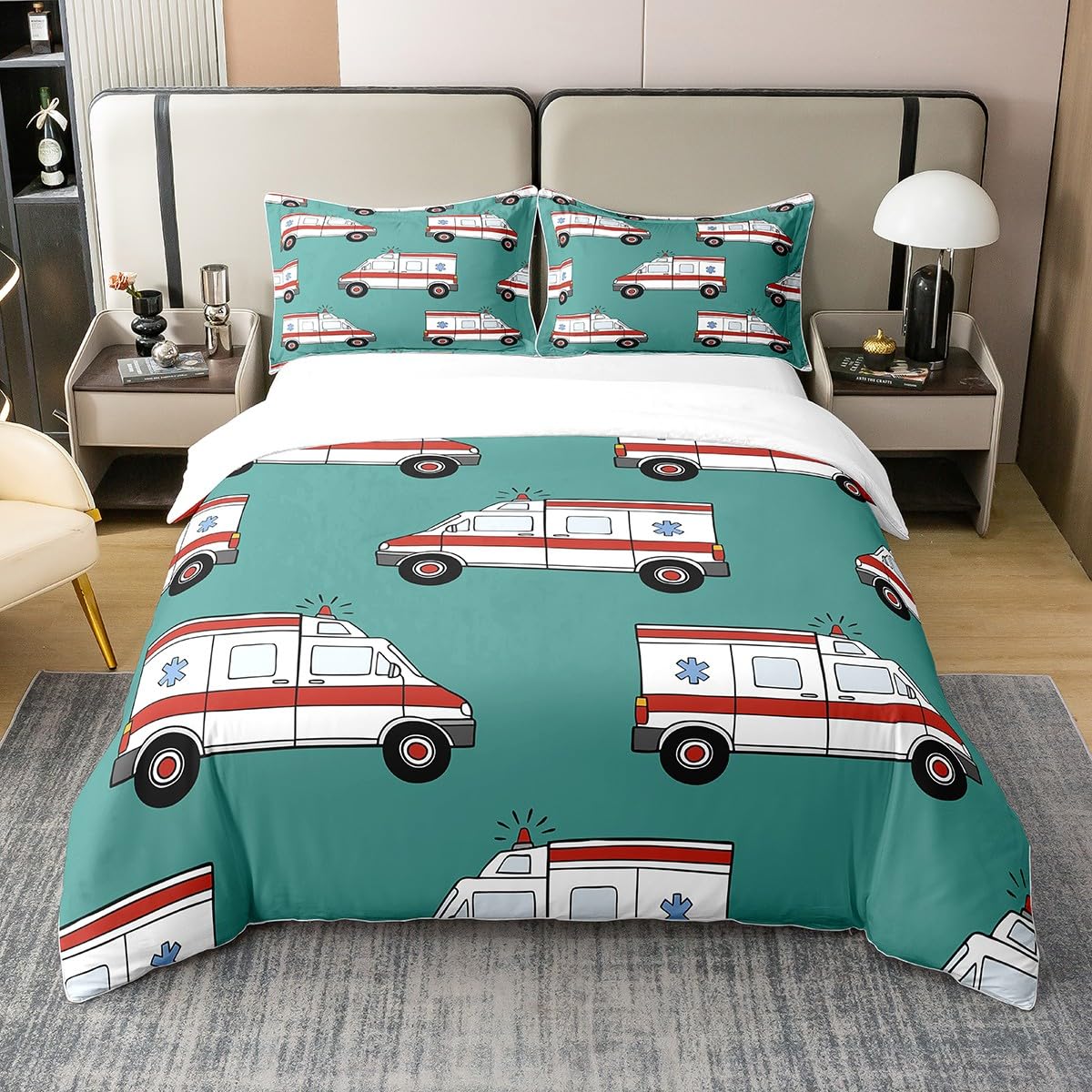 Ambulance Bedding Cotton Duvet Cover Set Kids Car 100% Cotton Duvet Cover Single Size Boys Girls Decor Cartoon Car Comforter Cover Set Emergency Responder Vehicles Green Bedspread Cover